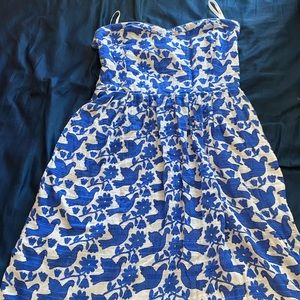 Strapless Blue and White Bird Pattern Dress